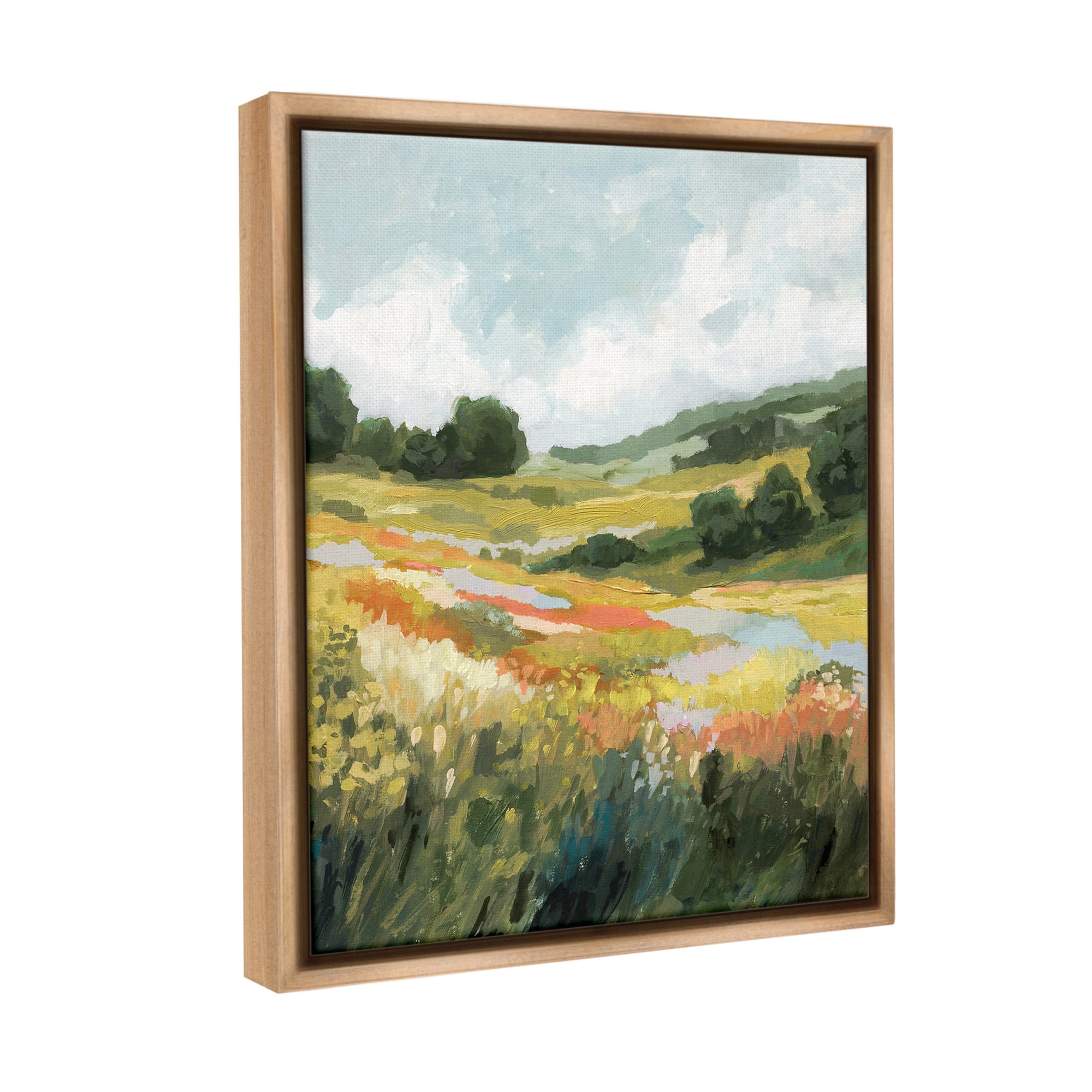 Stupell Industries Meadow with Distant Hills Landscape Painting Brown Floater Framed Canvas Art Print Wall Art, 17 x 21