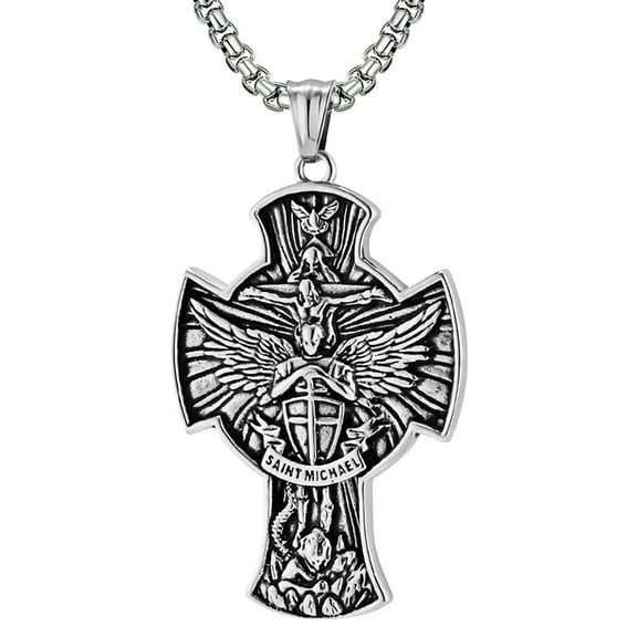 Avaner St Michael Necklace for Men Women: Stainless Steel St Michael The Archangel Pendant Four Way Crucifix Celtic Cross Necklace Catholic Religious Protector Amulet Jewelry Gifts