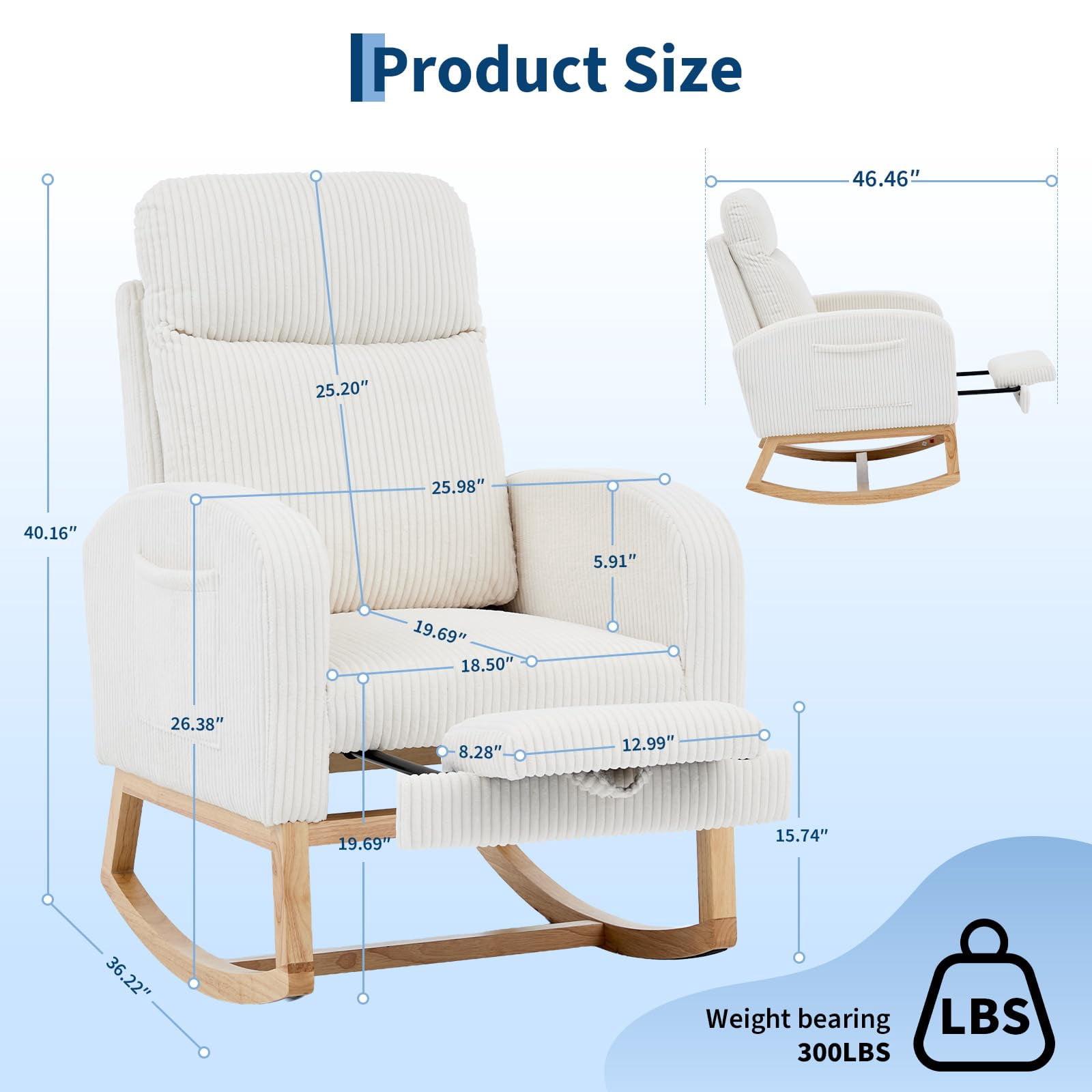 Rocking Chair Nursery, Corduroy Upholstered Glider Rocker Modern Padded Armchair with Adjustable Footrest, Tufted Back, Side Pocket, Compact Wooden Legs, Beige