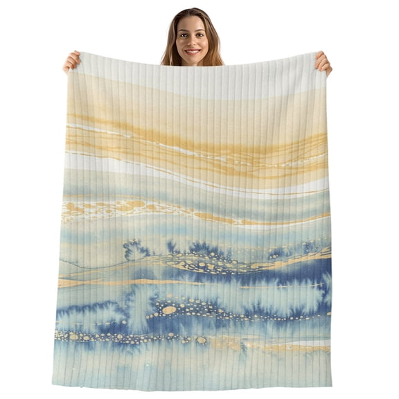 Yellow Blue Ombre Throw Blanket, Flannel Fleece Blanket with Striped Design for Couch, Abstract Modern Art Fluid Striped Soft Breathable All Season Plush Blankets for Loveseat Sofa Bed 60"x80"
