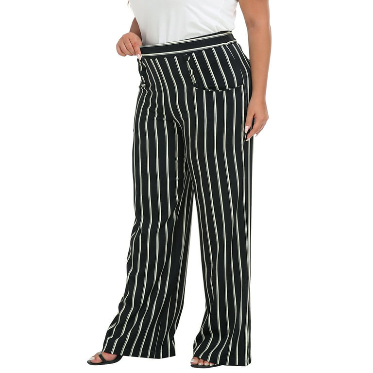 HDE Womens High Waisted Dress Pants Long Wide Leg Palazzo Trouser Tall  S-Plus Black White Stripes 1X