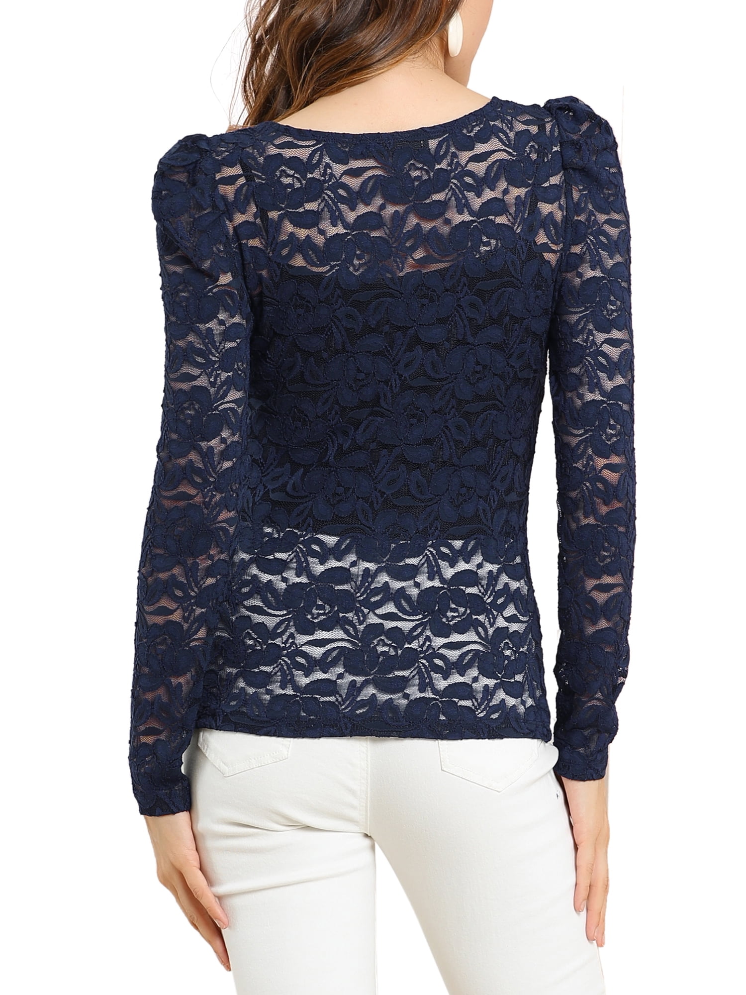 DARING DIVA Semi Sheer Puff Sleeve Vintage Top S Dark Blue