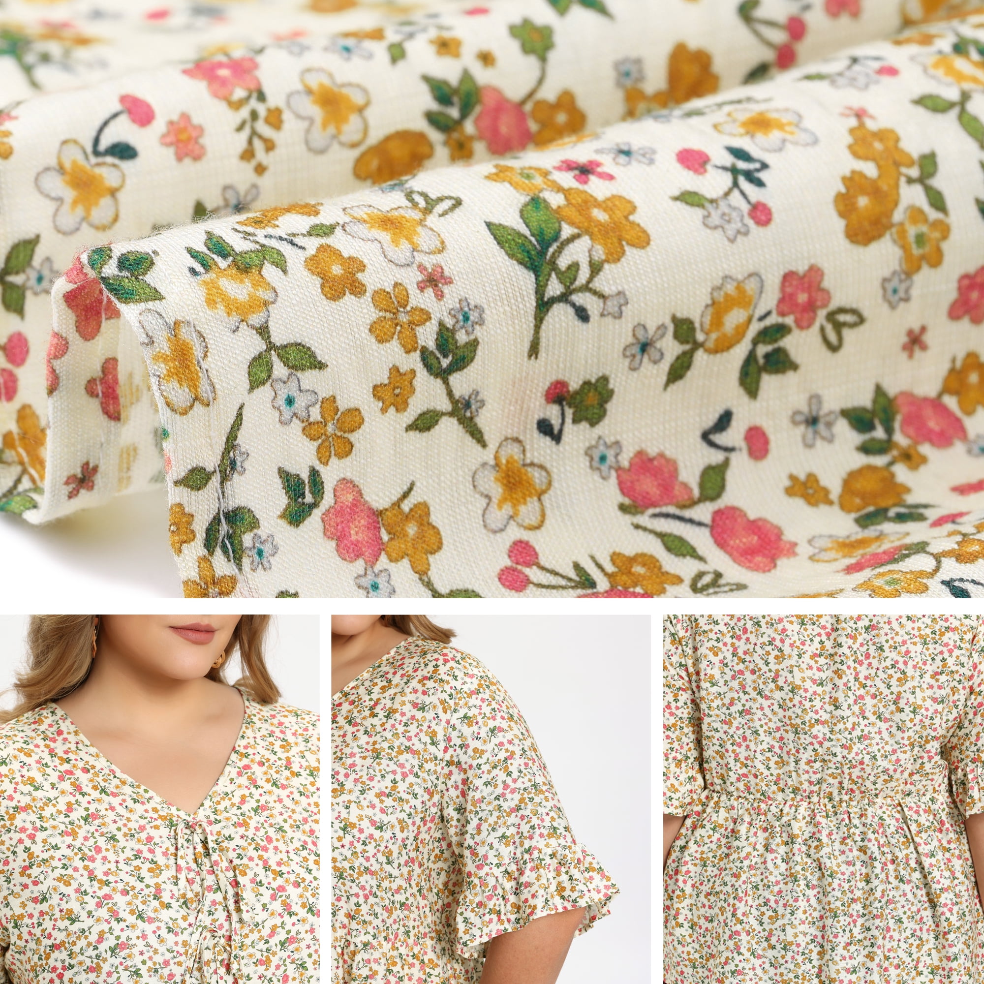 DARING DIVA Women's Plus Ditsy Floral V Neck Tie Front Ruffle Sleeve Blouse 2X Beige