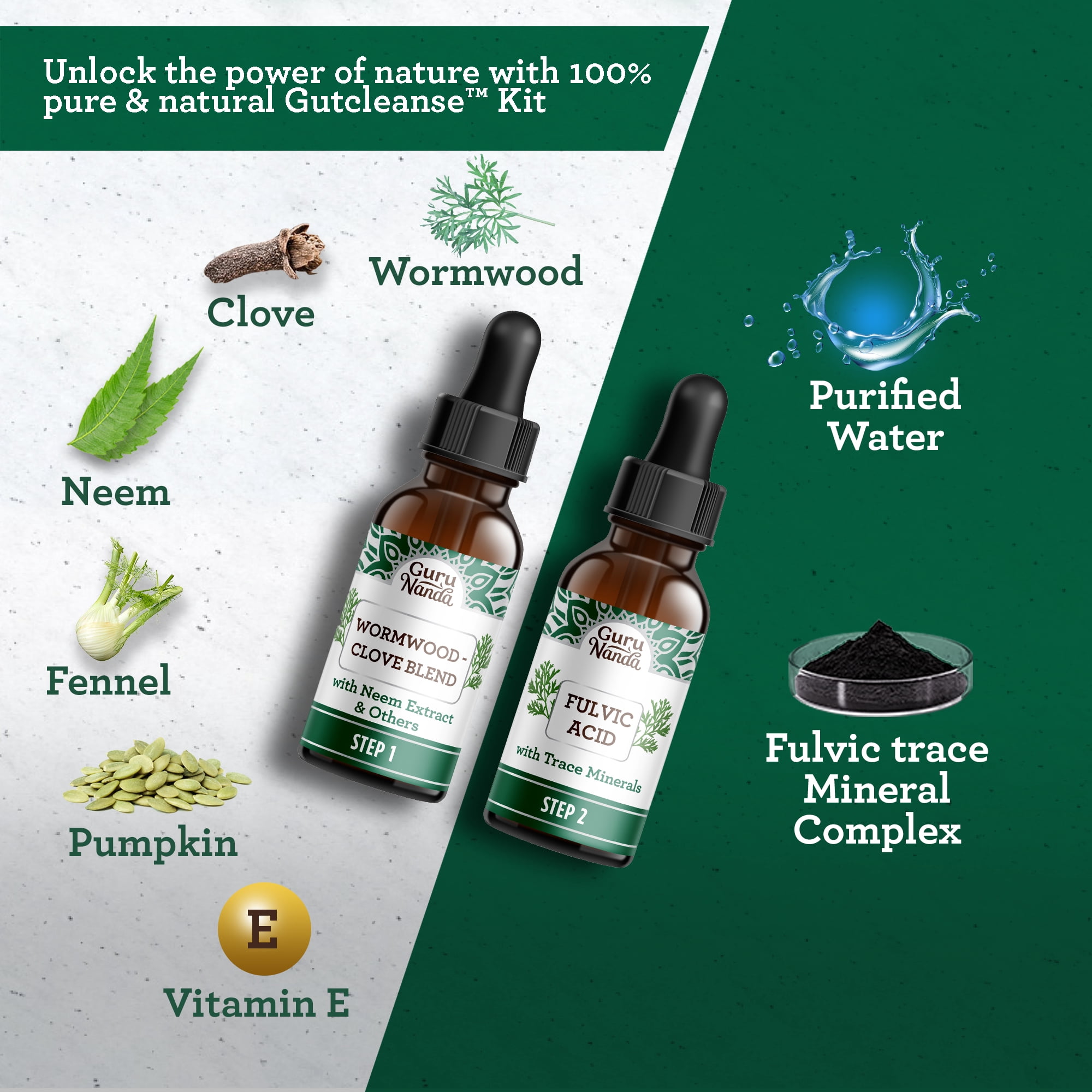 GuruNanda Gutcleanse 2-Step Kit - Dietary Supplement to Help with Digestion - Blend of Fulvic Acid, Wormwood, Clove & Neem Extract, 2x1 fl oz