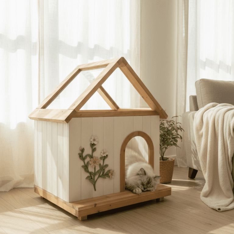 Cedar Cat House with Acrylic Roof Indoor Outdoor Wooden Pet Shelter for Cats & Small Dogs 11–25 lbs Floral Carved Design