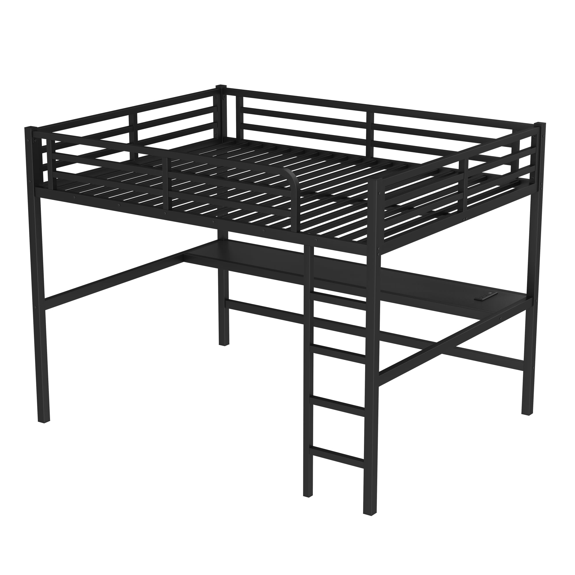 Queen Size Loft Bed with Power Outlet and LED Lighted, Heavy-Duty Metal Bed Frame,Space-Saving, Noise Reduced, Black