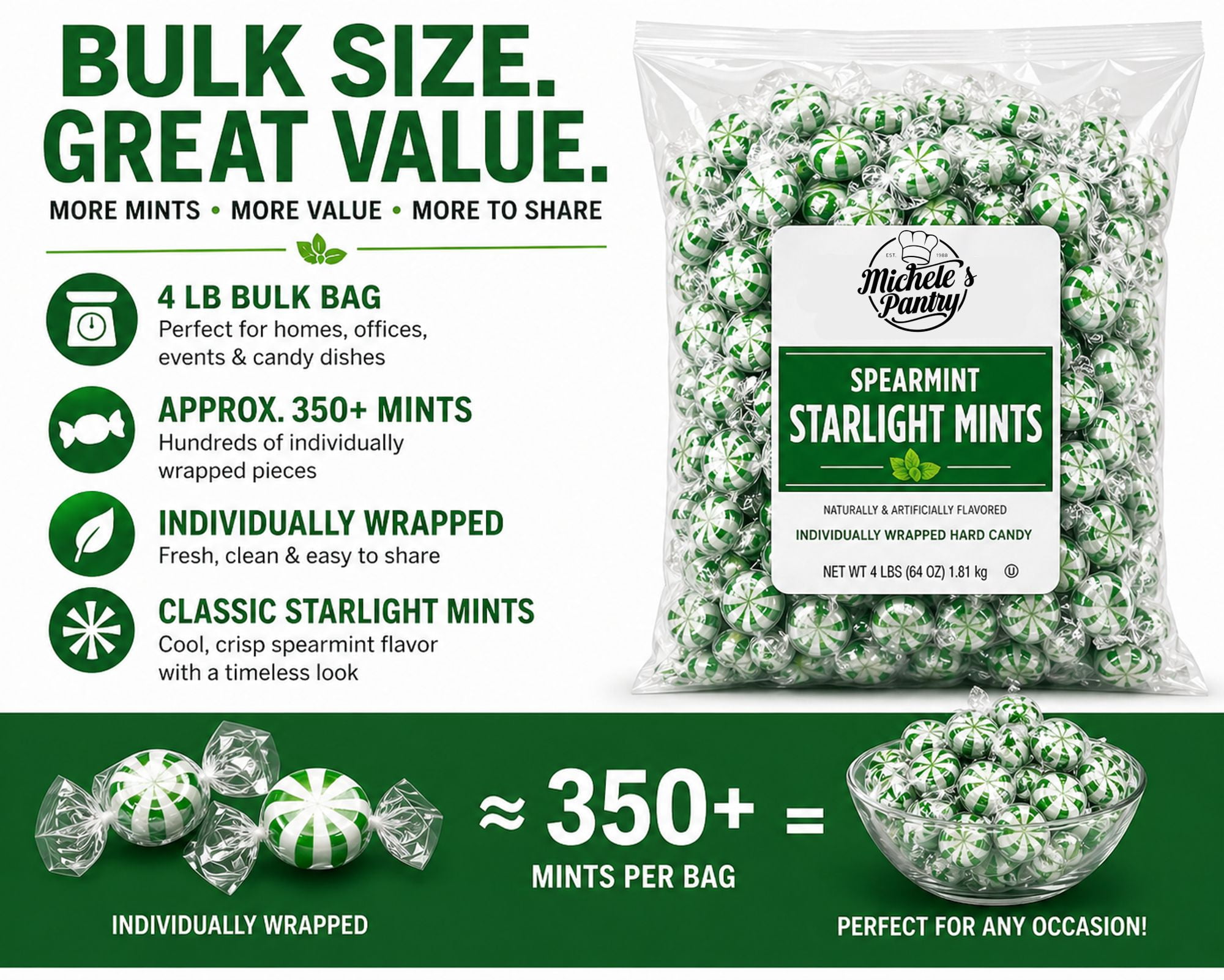 Michele’s Pantry Spearmint Starlight Mints Hard Candy, 4 lb Bulk Bag, Individually Wrapped Refreshing Mint Candy