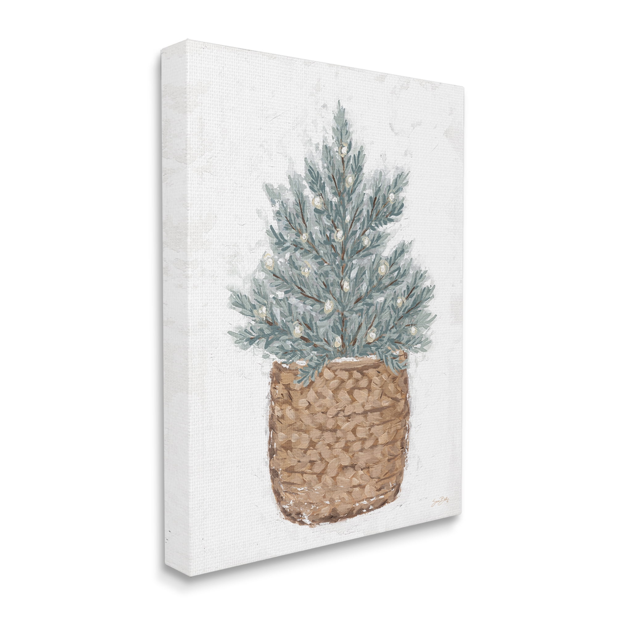 Peaceful Holiday Fir Tree Woven Planter Basket Botanical & Floral Painting Gallery-Wrapped Canvas Print Wall Art