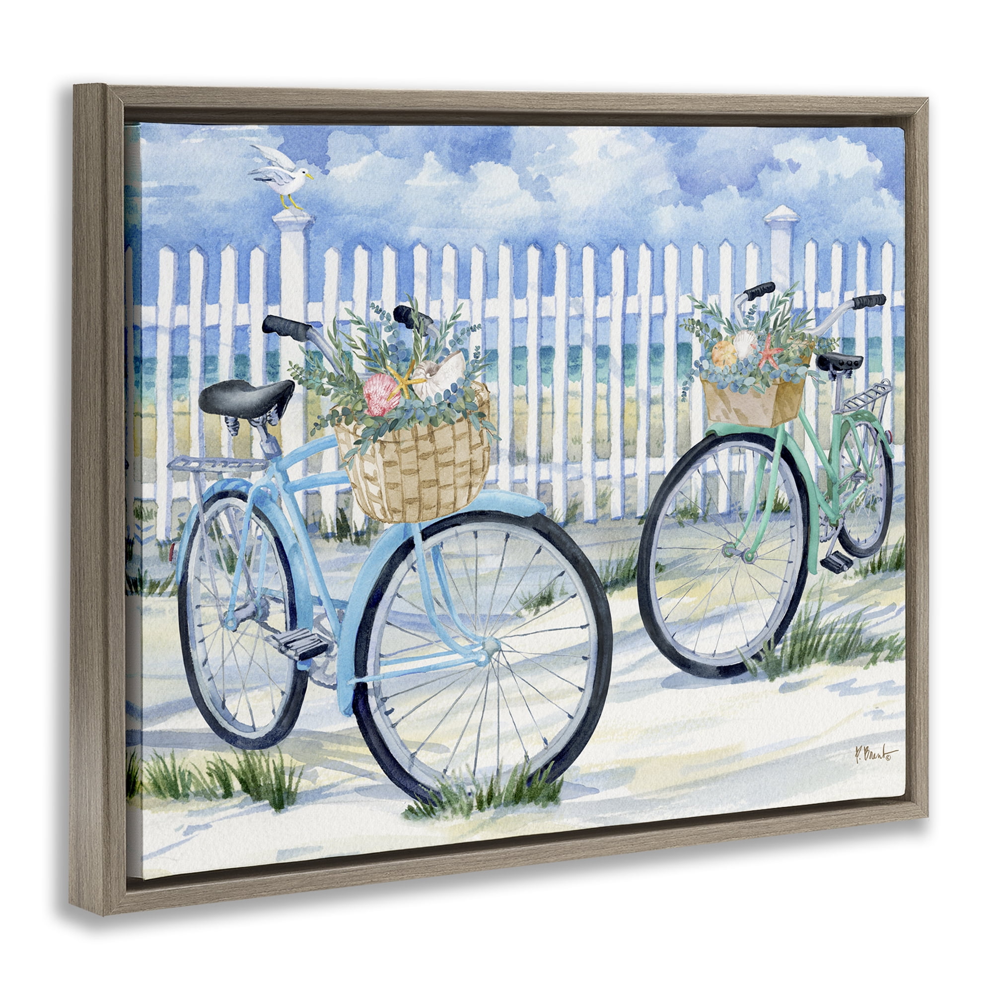 Stupell Industries Bicycles at Beach Fence Transportation Painting Brown Floater Framed Canvas Art Print Wall Art, 31 x 25