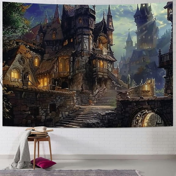 Creowell  Castle Full Moon Night Tapestry, Wolf Fantasy Medieval Town Wall Hangings Tapestry for Bedroom Living Room Office Dorm Man Cave Background 40x30inch