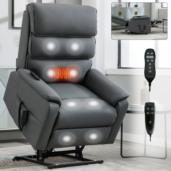 Medium Size Recliner Sofa, Dual Motor Power Lift Recliner Chair w/ Heat & 8-Point Vibration Massage, Infinite Position Lift Chair for Elderly, PU Leather, 350 lbs Capacity, 15/30/60 Min Timer, Gray