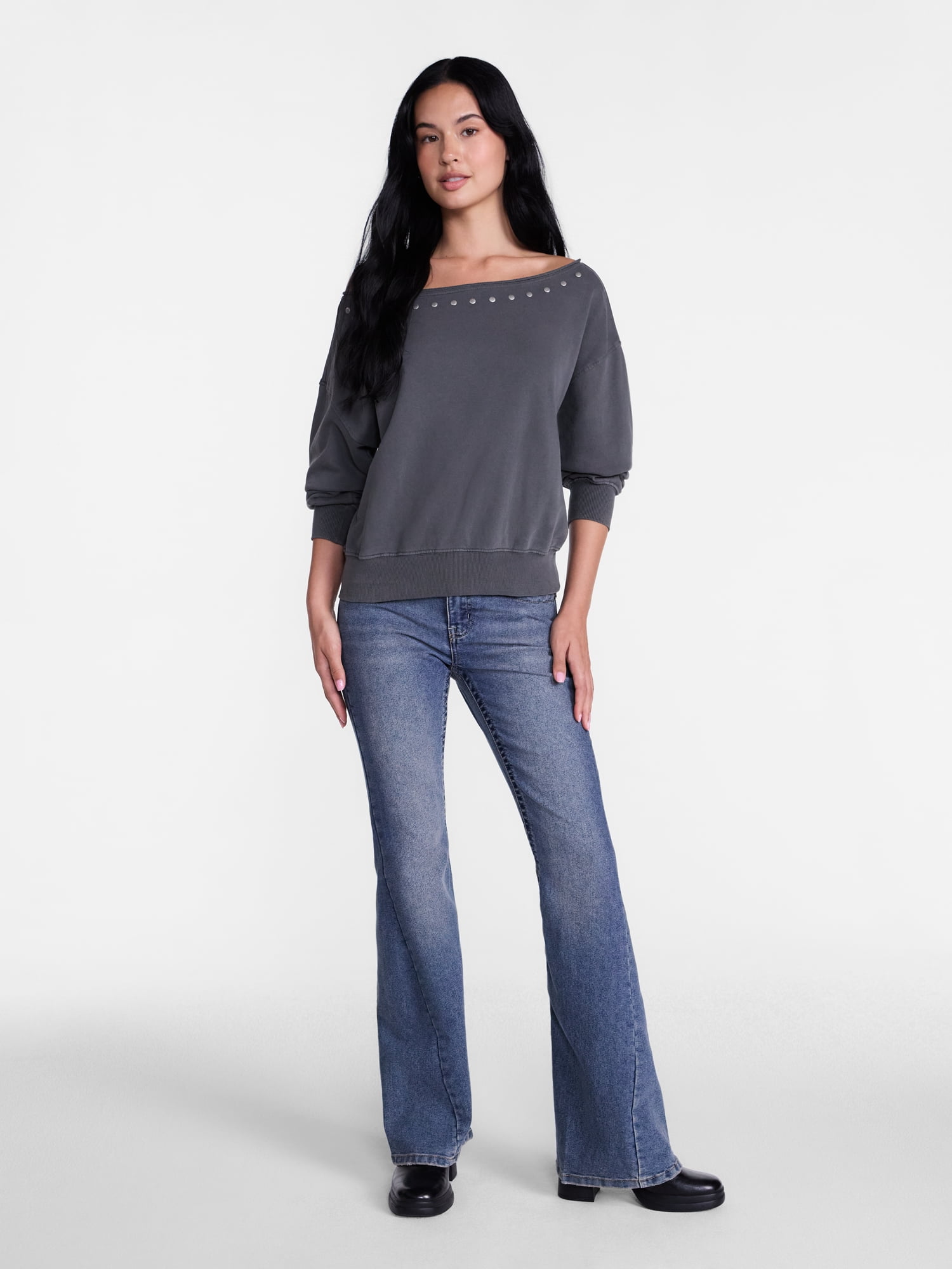 Madden NYC Women's Studded Off The Shoulder French Terry Sweatshirt, Sizes XXS-XXL