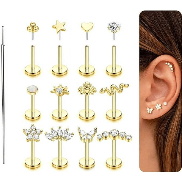 Paquete múltiple de aretes tipo dormilona a presión, respaldo plano, calibre 18/20, hipoalergénicos, sin rosca, acero quirúrgico 316L chapado en oro 14 K Xtellar Color dorado
