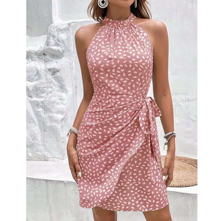 Pule Summer Dress Women's Allover Print Wrap Halter Dress Summer Knot Side Sleeveless High Waist Fitted Short Dresses, Size: Small, Pink