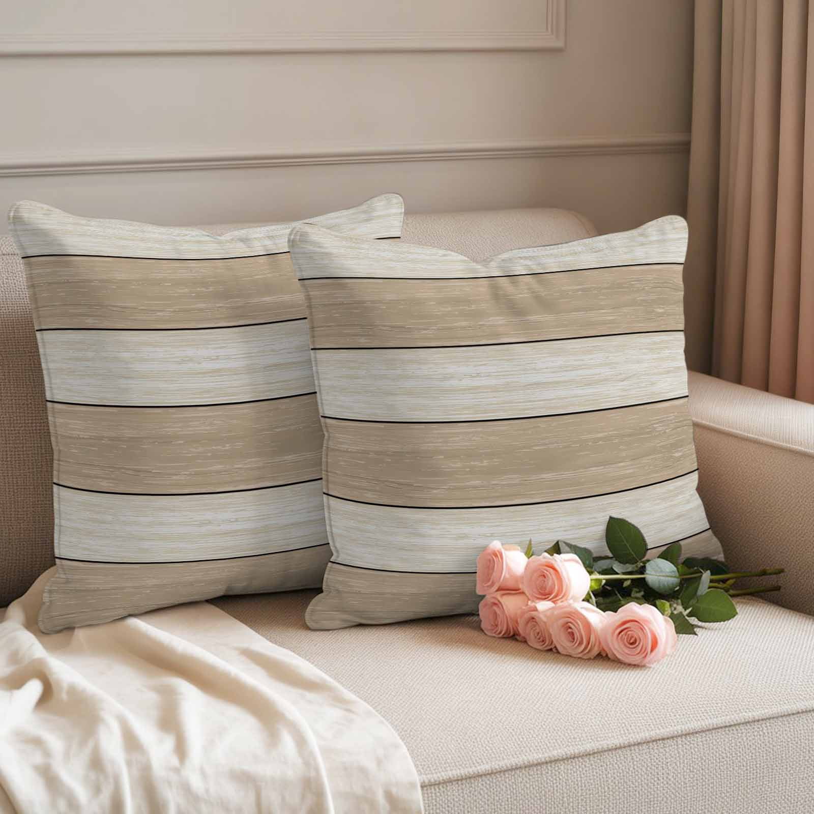 Brown Ombre Wooden Outdoor Waterproof Pillow Covers, Farmhouse Retro Khaki Wood Decorative Square Throw Pillowcase Sofa Cushion Sham for Patio/Couch/Chair, 20"x20" 2 Pack