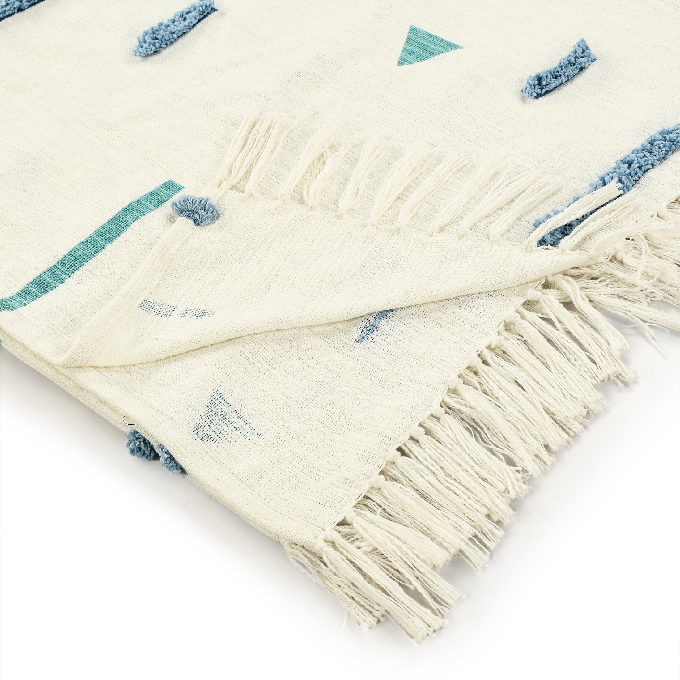 LR Home Cream/Blue Embroidered Geometric Adult Cotton Throw Blanket, 50" x 60"
