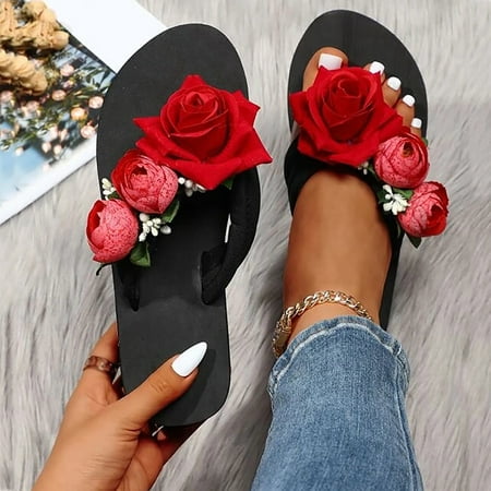 

WTN Slippers for Women Ladies Summer Flip Flops Open Toe Flowers Bohemian Sandals Casual Shoes