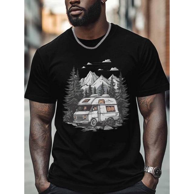 Mens T-Shirts,Camping Car Tree Short Sleeve T Shirts for Men Crew Neck Tees,Loose Fit Casual Men's T-Shirts for Teens Boys