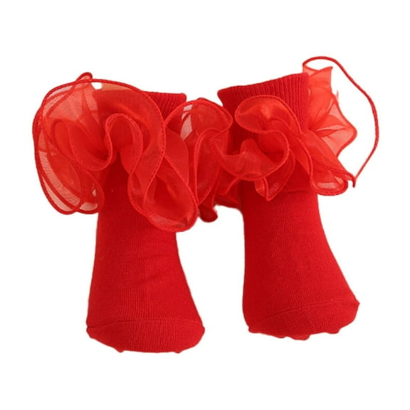 AUQ Kids Socks,Elegant Lace Trim Girls Socks,Combed Cotton Material Cute Socks,Red