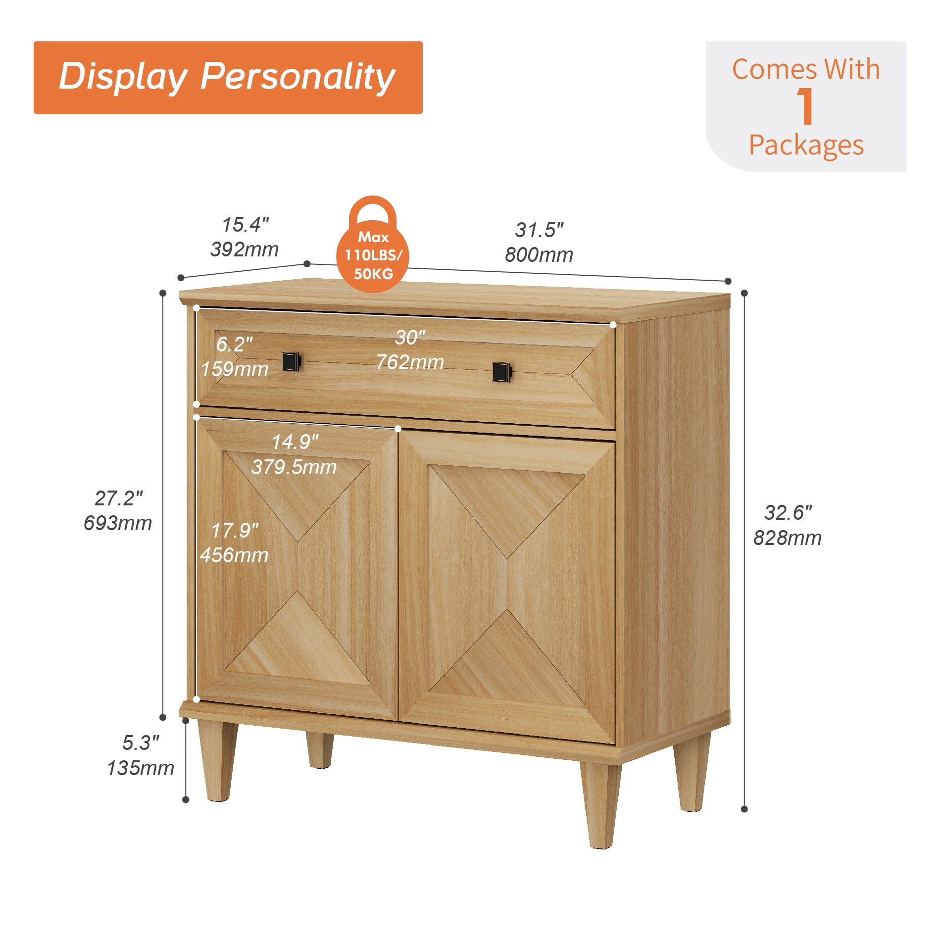 WAMPAT Handmade Patchwork Buffet Cabinet with Storage, Oak