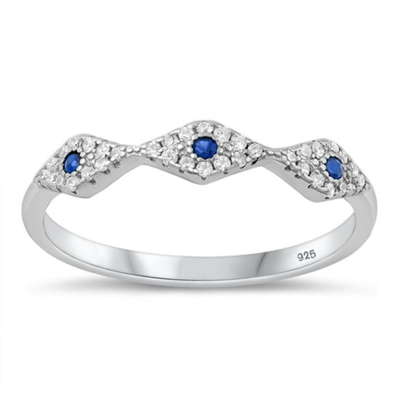 Blue Simulated Sapphire & Clear Cubic Zirconia Evil Eye Ring .925 Sterling Silver Band Female Size 6