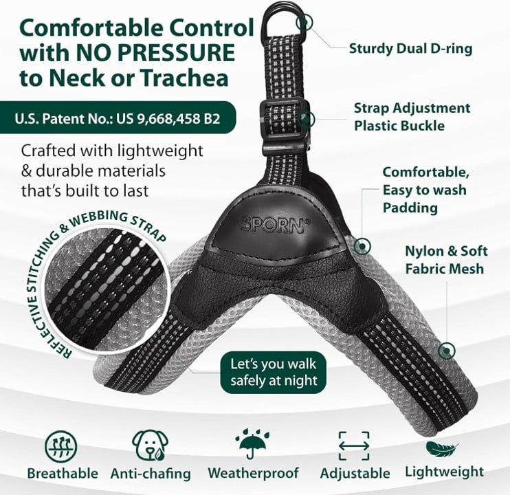 Sporn Easy Fit Dog Harness, Gray, Medium (14-24" Girth Size)