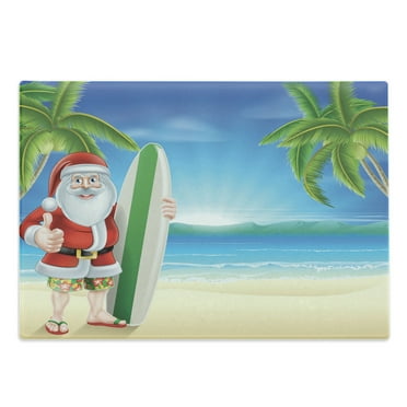 Christmas Cutting Board, Santa Claus Trunks on the Beach and Surfboard Sunny Hot Xmas Theme, Decorative Tempered Glass Cutting and Serving Board, Large Size, Blue Green, by Ambesonne