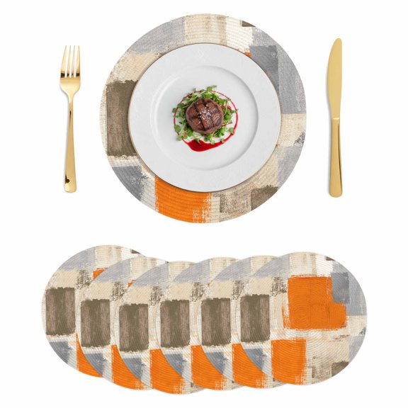 Burnt Orange Grey Round 15 Inch Placemats Set of 6, Abstract Modern Oil Painted Geometric HeatResistant Non Slip Place Mats for Dining Table, Wipeable Braided Kitchen Table Mats for Housewarming