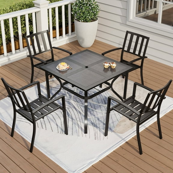 MF Studio 5-Piece Outdoor Patio Dining Set with Stacking Chairs & Square Mesh Table with Umbrella Hole, Black