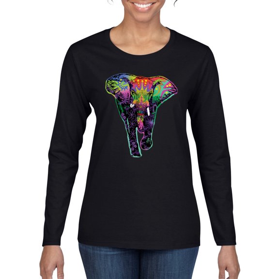 Colorful Rainbow Floral Elephant Animal Lover Womens Graphic Long Sleeve T-Shirt, Black, Small