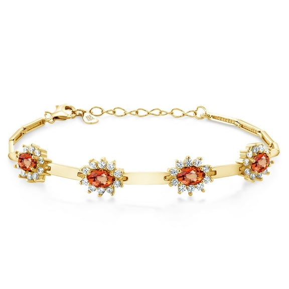 Gem Stone King 18K Yellow Gold Plated Silver Orange Sapphire and White Created Sapphire Bracelet for Women (3.80 Cttw, Gemstone September Birthstone, Oval 6X4MM, 7 inch 1 inch Extender)