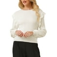 thumbnail image 1 of Suéter casual de manga larga con volantes para mujer INSPIRE CHIC, cuello redondo, tejido acanalado, pulóver de otoño, talla XL, blanco, 1 of 5