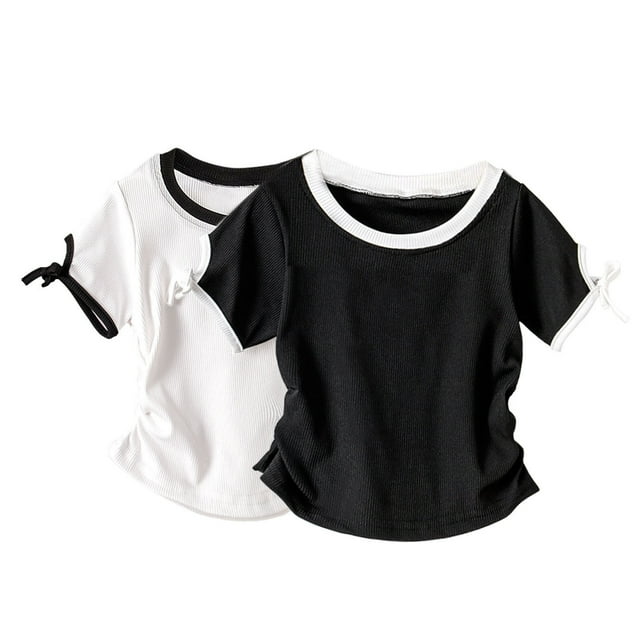 Zpanxa T-Shirts Athlétiques pour Filles Coupe Ajustée Uni Manches Courtes Col Rond Haut Ensemble 2 Pcs Polyester 6 Ans