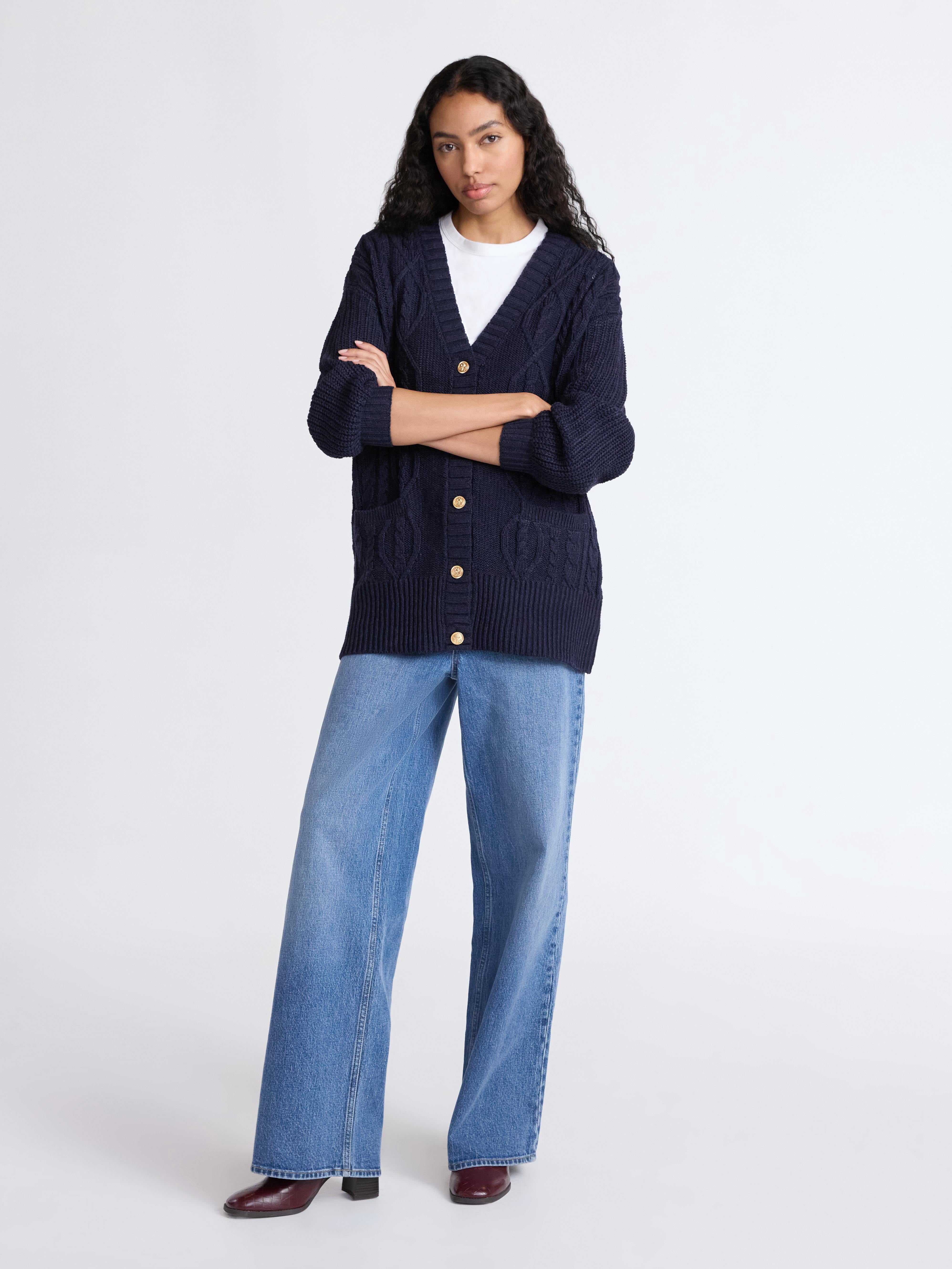 Free Assembly Women's Oversized Cable Cardigan Sweater with Long Sleeves, Midweight, Sizes XS-XXL