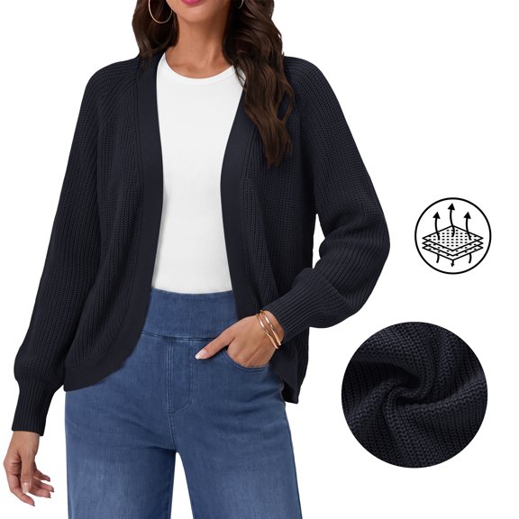 Asklazy Women's Loose Knit Lantern Seleeve Ribbed Sweater Open Front Caridigan,Navy,L
