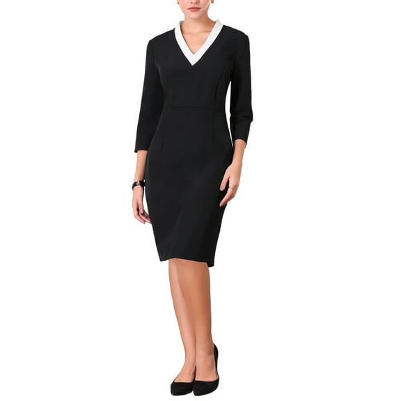 INSPIRE CHIC Women's 3/4 Sleeve Pencil Dress Contrast Color V Neck Elegant Work Sheath Dresses S Black