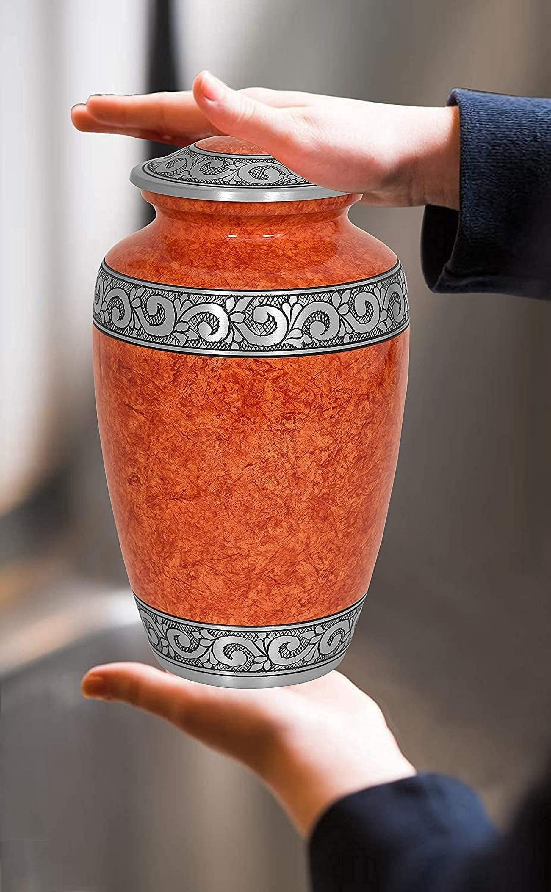 Elegant Hand-Engraved Orange Cremation Urn for Human Ashes | Large Capacity Metal Funeral Urn (200 lbs) | Decorative Silver Band Memorial