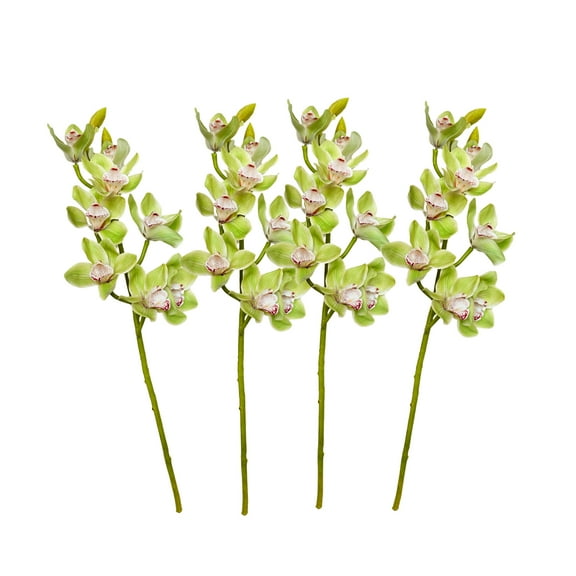 Amaranton 32" Real Touch 10 - Bloom Cymbidium Orchid - Green 4Pcs Artificial Flowers Bouquet for Gift Home Decor Indoor Outdoor Faux Orchid Flower Fake Floral Arrangements