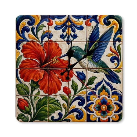 RKSupls 10×10inch Talavera Hummingbird Hibiscus Ceramic Tile Pattern Square Unmarked Wall Clock Silent Non-Ticking Home Decor for Bedroom Living Room Office Classroom Easy to Install