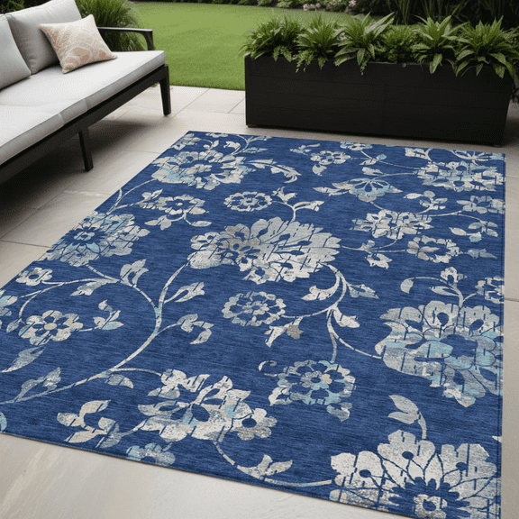 HomeRoots 589483 5 x 8 ft. Floral Washable Indoor & Outdoor Rectangle Area Rug, Navy Blue & Gray