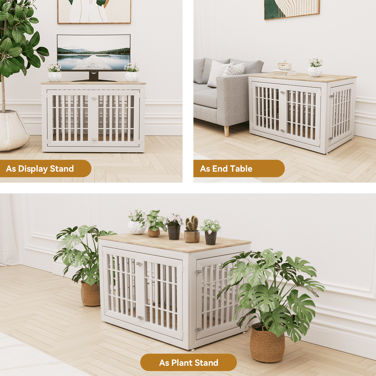 Snuowu 48" Heavy Duty Dog Crate Furniture for Small,Medium and Large Dogs,Rustic Wooden Dog Cage Kennel Indoor Furniture with Waterproof Top,Decorative Pet House Side End Table (White & Wood)