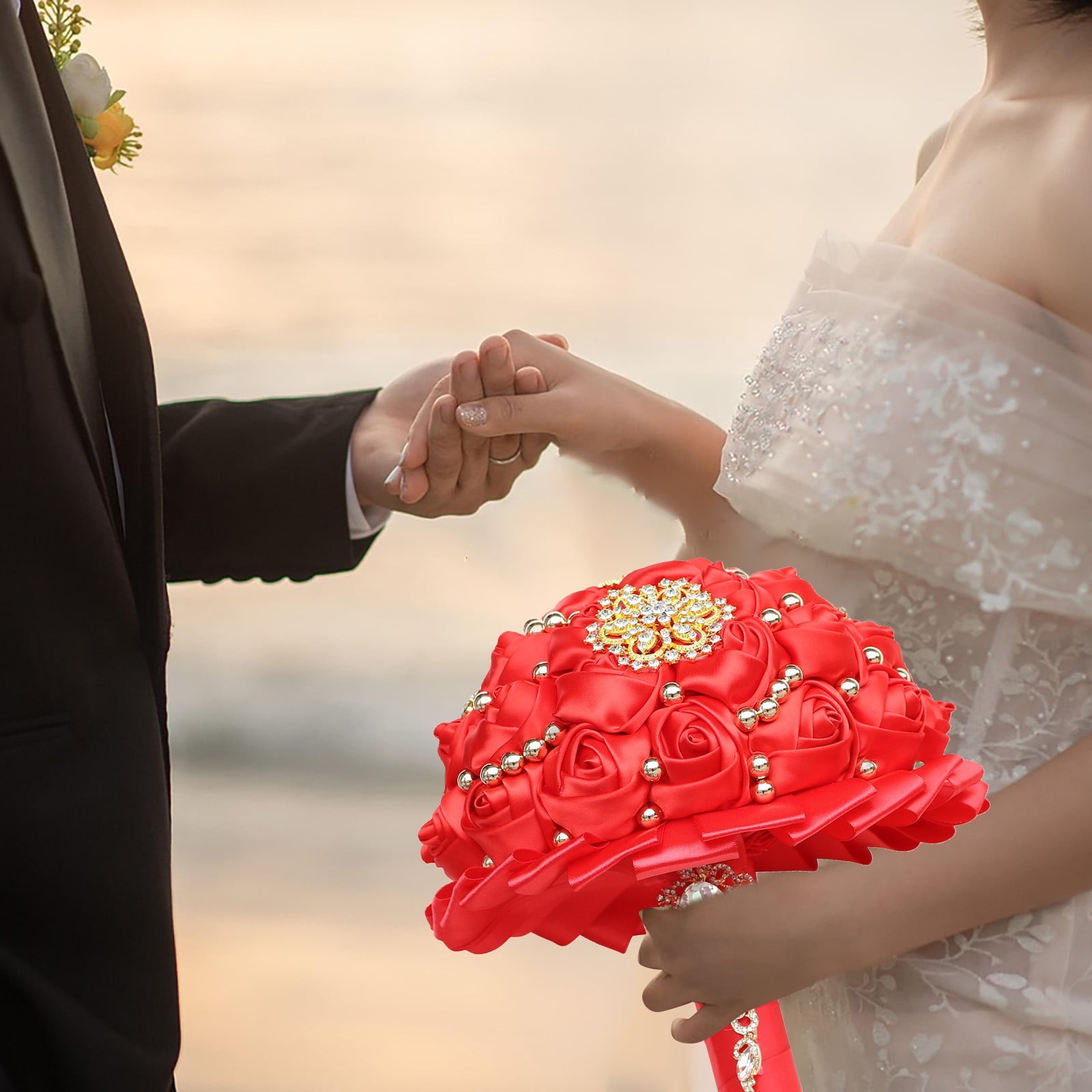 Bridal Wedding Bouquet with Diamond Pearl Ribbon - Handmade Satin Rose Round Bouquet for Bride, Bridesmaid, Valentine's Day, Quinceanera & Toss Ceremony (Red,11"x9.5")