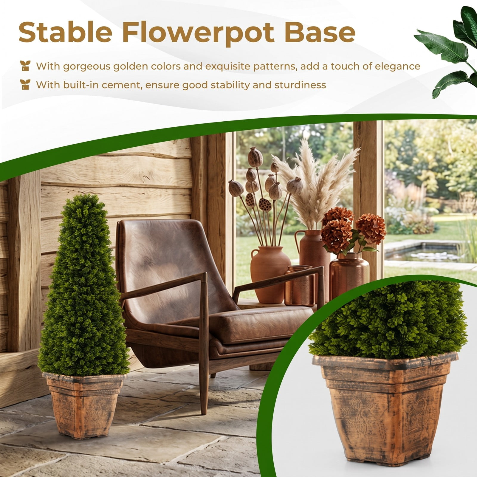 ALPULON 3 Feet Artificial Boxwood Topiary Tree with Cement Flowerpot, Faux Cone-Shaped Potted Plant for Indoor Outdoor Home Porch Office Decor, Green