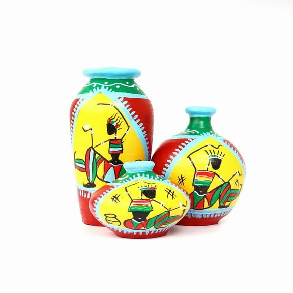 Handcrafted Red and Yellow Terracotta Pots for Home Decor - Set of 3 - Warli Hand Painting
