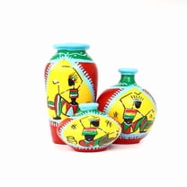 Handcrafted Red and Yellow Terracotta Pots for Home Decor - Set of 3 - Warli Hand Painting