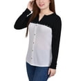 thumbnail image 3 of NY Collection Long Sleeve Studded Colorblocked Split Neck Top, 3 of 3