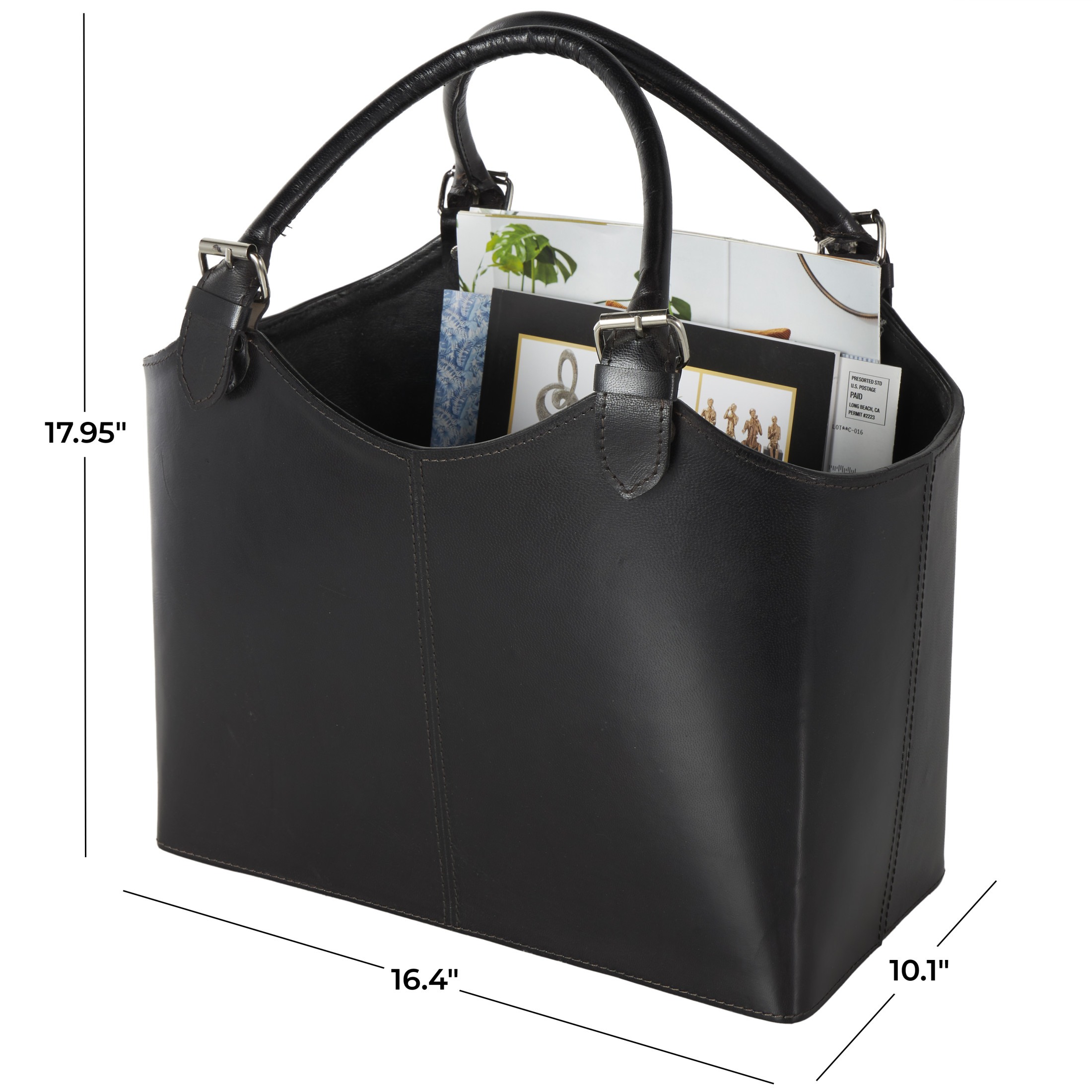DecMode 18" Black Leather Handmade Box Style Magazine Holder with Detail Stitching and Curved Buckle Handles