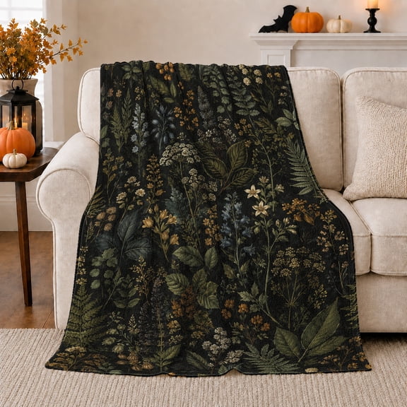 Dark Herbarium Leaves with Ferns, Cream Flowers and Golden Sprigs, Cozy Flannel Blanket, Home Decor for Botanical Fans, Bedroom and Reading Nook, Birthday Gift, Vintage Herb Garden Art
