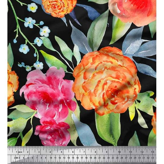 Soimoi Black Cotton Duck Fabric Leaves,Peach & Pink Floral Printed Fabric 1 Yard 42 Inch Wide