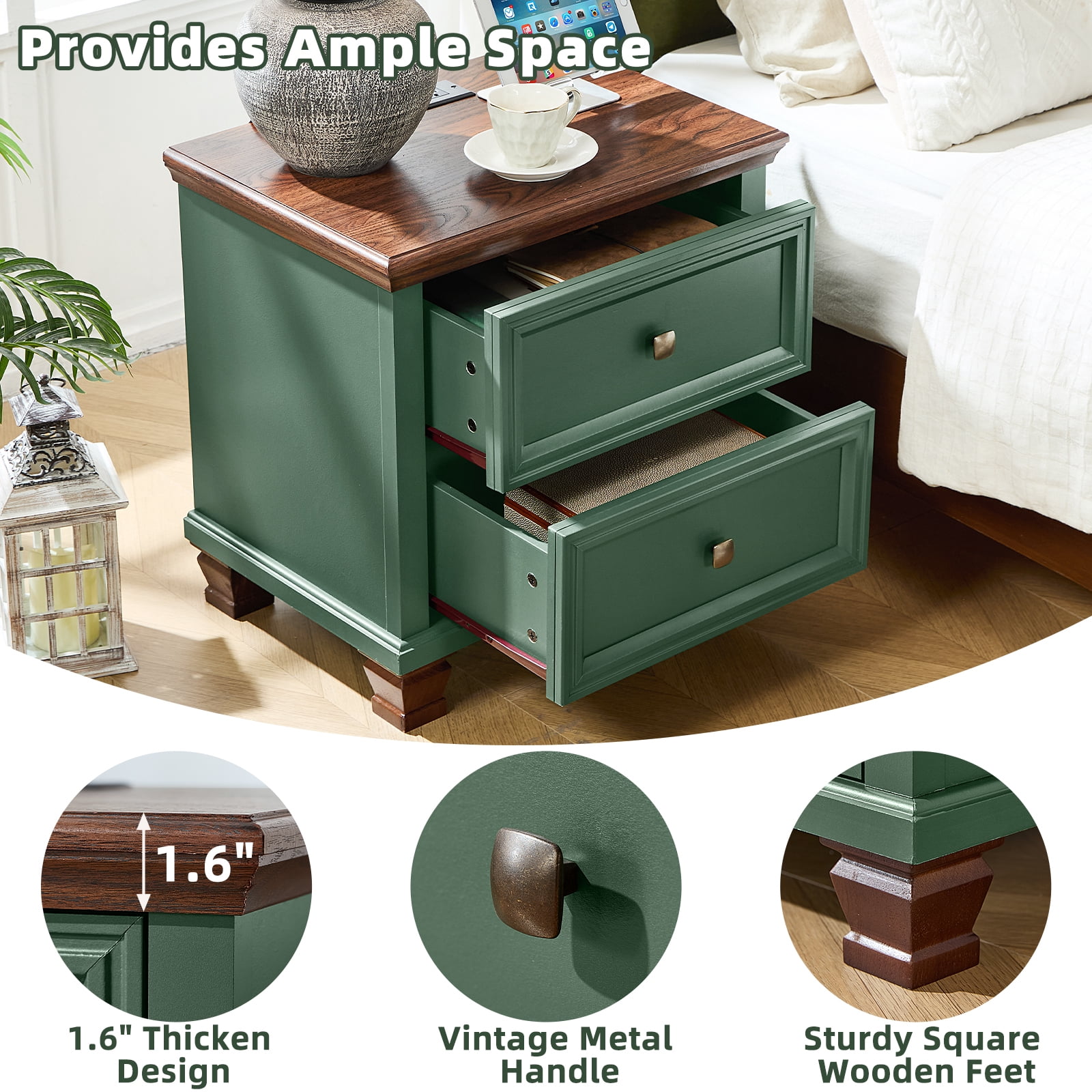 Buildhom Farmhouse Nightstand with Charging Station, 2-Drawer Rustic End Table with Solid Wood Legs for Bedroom, Green